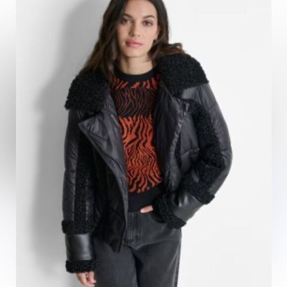 NWT $200 original. Levi's Black Faux Leather Jacket with Shearling Trim - Picture 2 of 13